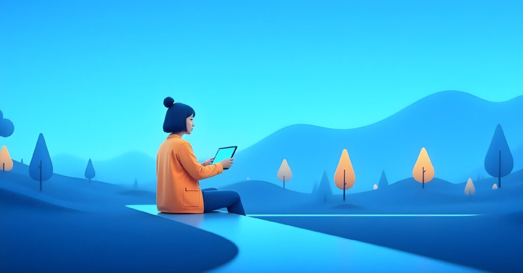 A woman uses a tablet computer while sitting in a rural setting.