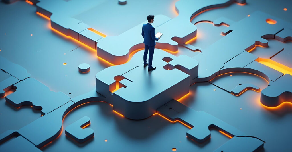 A businessman looks for direction in a digital world.
