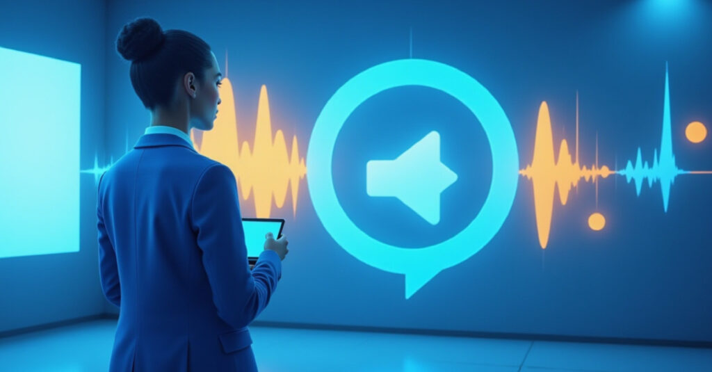 A businesswoman looks at a digital display representing voice signatures.