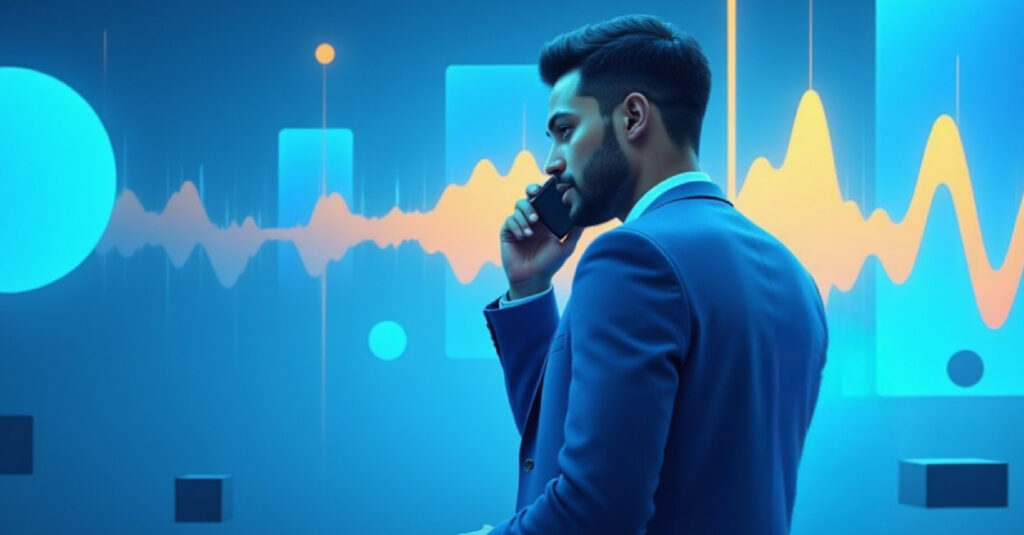 A businessman speaks into a phone, confirming a voice signature with a client.