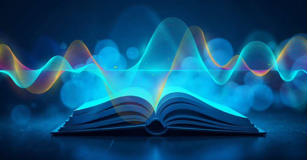 Voice signature audio waves flow across a page.