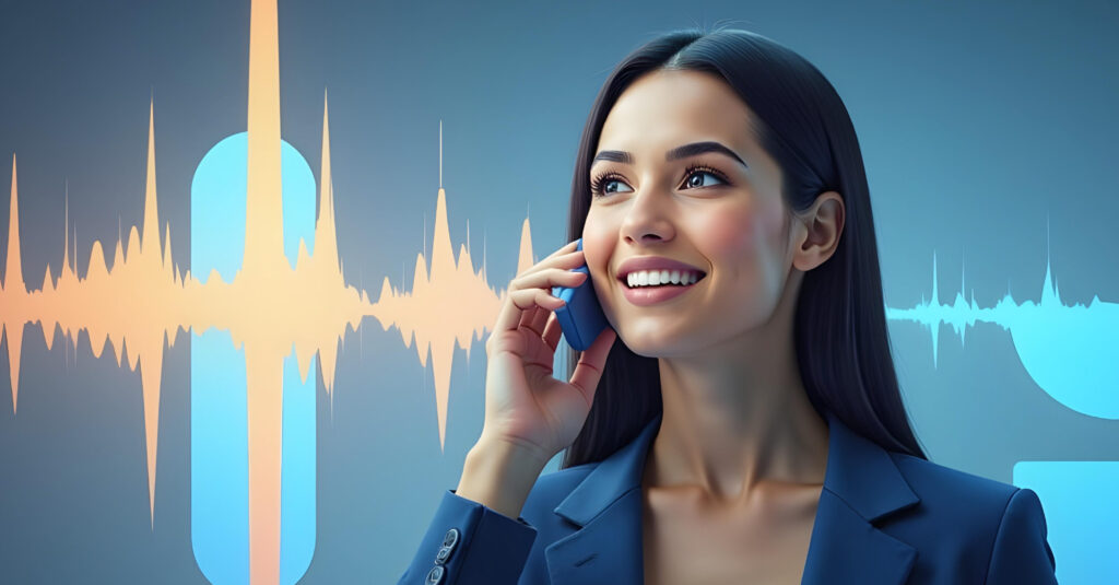 A woman uses voice signature on a phone call to sign an agreement.
