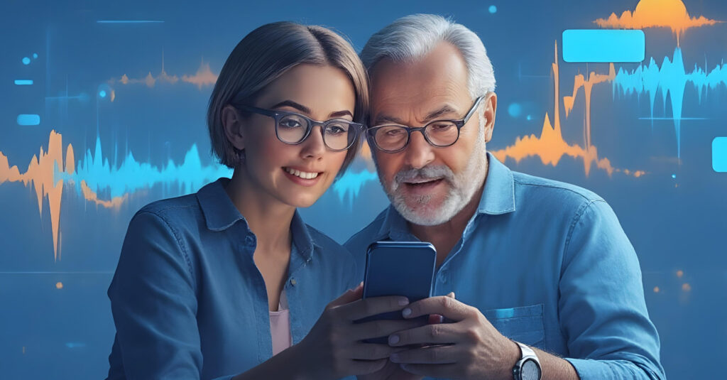 An adult daughter helps her senior dad with his smartphone.