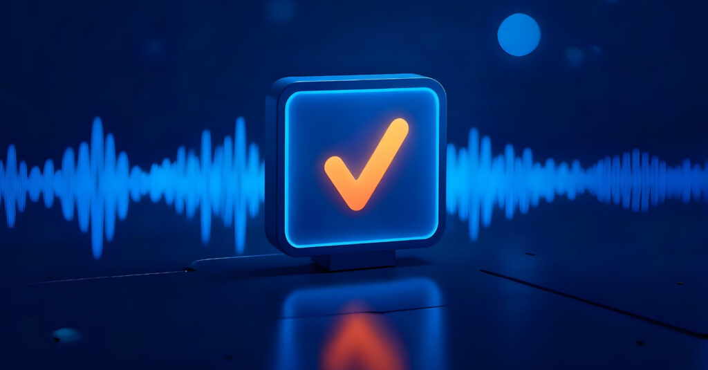 A security checkmark sits over a voice signature audio wave.