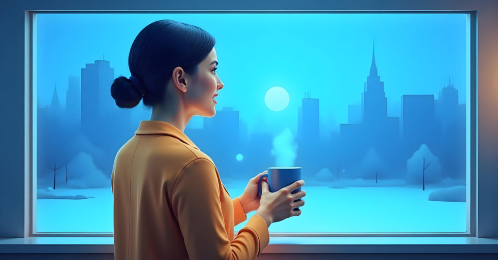 A businesswoman holds a steaming mug as she happily looks outside at a snow-covered urban landscape.
