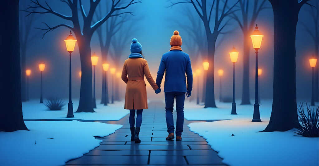 A couple walks through a snow-covered urban park at night.