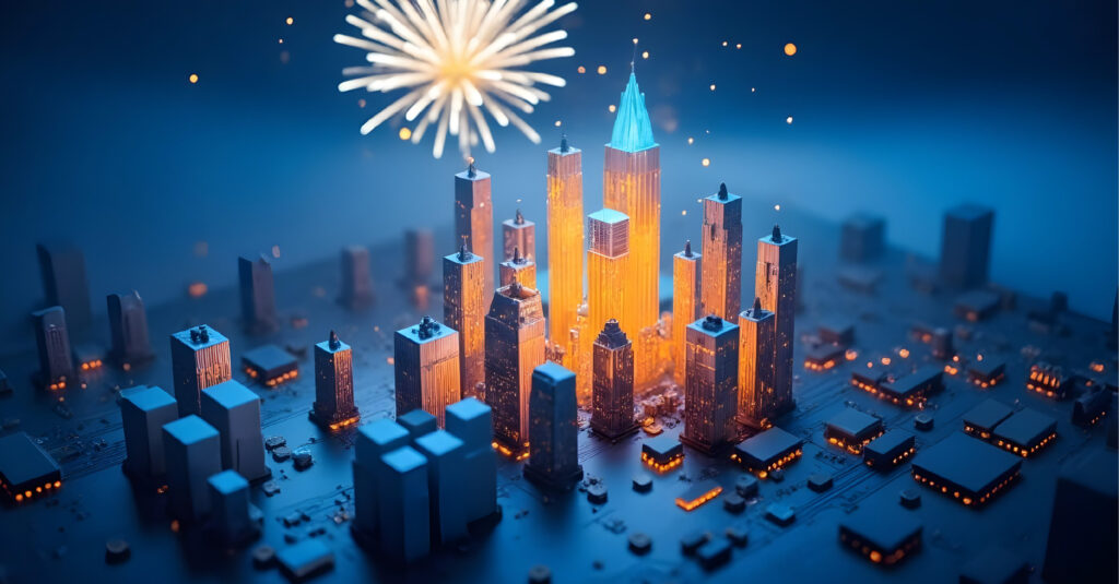 Fireworks light the sky above a group of office buildings on a computer motherboard.
