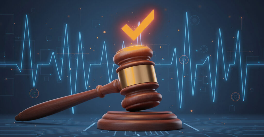 A gavel strikes in front of a voice signature audio wave.