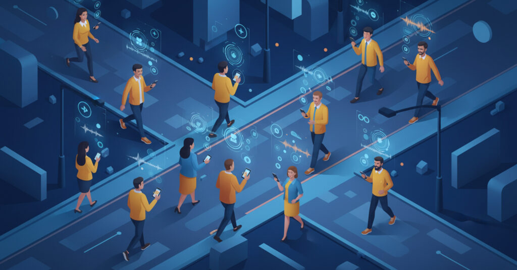 People with smartphones walk through a high-tech city.